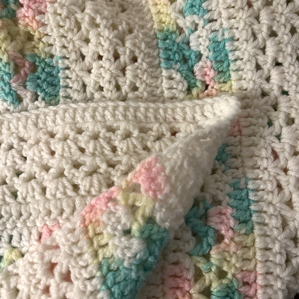 Baby Afghan Blanket Crochet White Pink Green 50 x 36 Handmade Nursery Lap Quilt